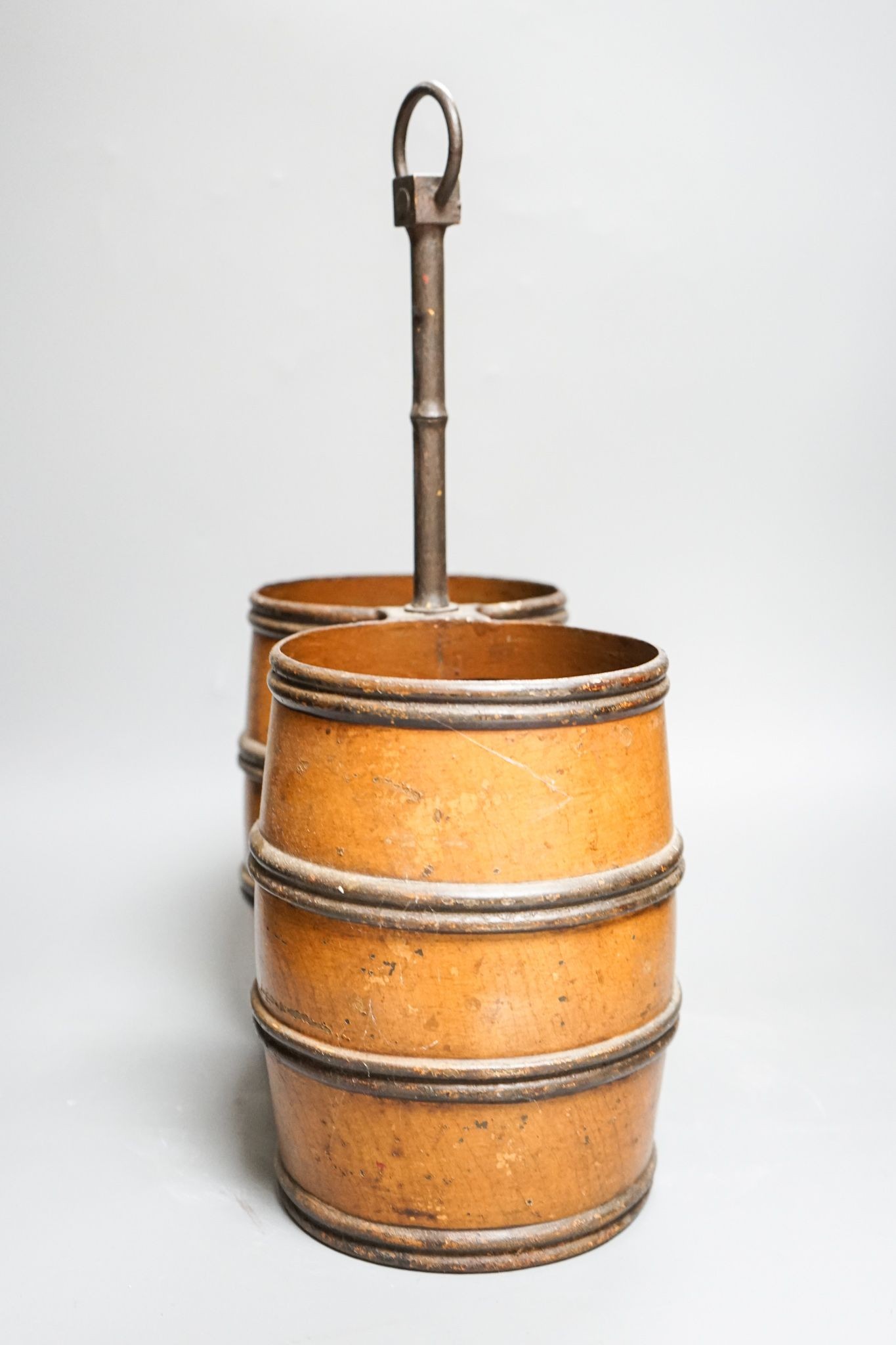 A Victorian toleware twin barrel-shaped wine bottle cooler/carrier, 43cm